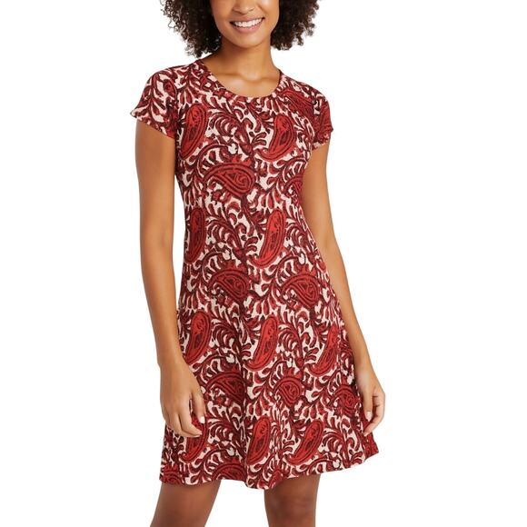 Michael Kors Red Paisley Dress Short Sleeve A-Line Midi Dress Semi Formal XS - Picture 1 of 6